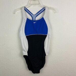 Girls Nike Swim Size 12 One Piece Competition Blue White Swimsuit Good Cond